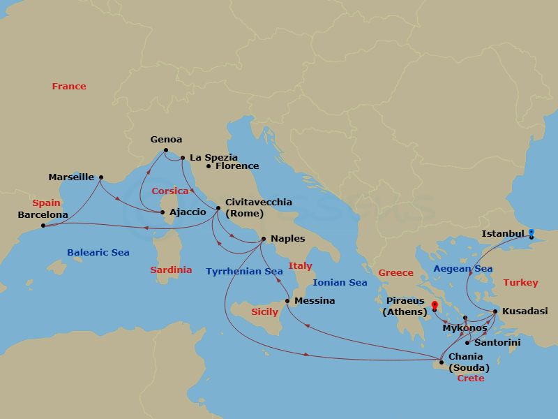 25 Night - The Best of the Mediterranean - Sun Princess - Starting in Istanbul, Turkey, Kusadasi, Turkey (for Ephesus), Santorini, Greece, Mykonos, Greece, Crete (Chania), Greece, Sicily (Messina), Italy, Naples, Italy (for Capri and Pompeii), Civitavecchia (for Rome), Italy, Barcelona, Spain, Marseille (Provence), France, Corsica (Ajaccio), France, Genoa (for Cinque Terre), Italy, La Spezia (for Florence / Pisa), Italy, Civitavecchia (for Rome), Italy, Naples, Italy (for Capri and Pompeii), Crete (Chania), Greece, Kusadasi, Turkey (for Ephesus), Mykonos, Greece, Athens (Piraeus), Greece itinerary map