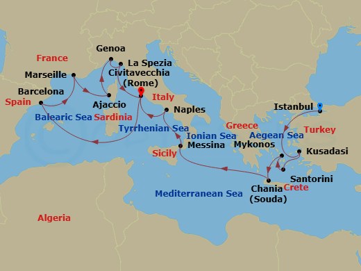 Sun Princess - 18 Night - The Best of the Mediterranean - Sun Princess - Starting in Istanbul, Turkey, Kusadasi, Turkey (for Ephesus), Santorini, Greece, Mykonos, Greece, Cr.. itinerary map