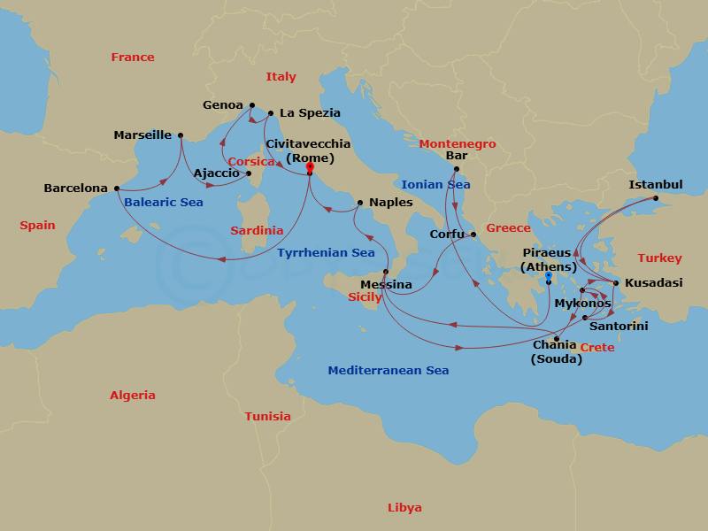 Sun Princess - 28 Night - The Best of the Mediterranean - Sun Princess - Starting in Athens (Piraeus), Greece, Montenegro, Corfu, Greece, Sicily (Messina), Italy, Santorini,.. itinerary map