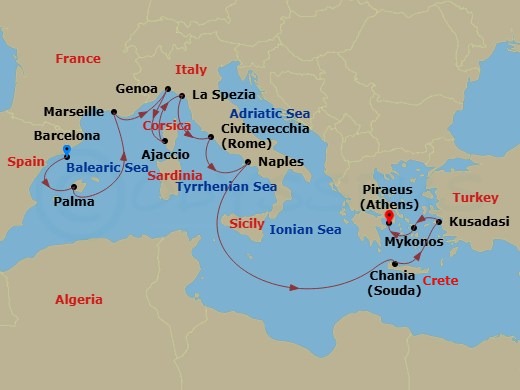 Sun Princess - 14 Night - Mediterranean with Greece, Italy & Turkey - Sun Princess - Starting in Barcelona, Spain, Mallorca (Palma), Spain, Marseille (Provence), France, Gen.. itinerary map