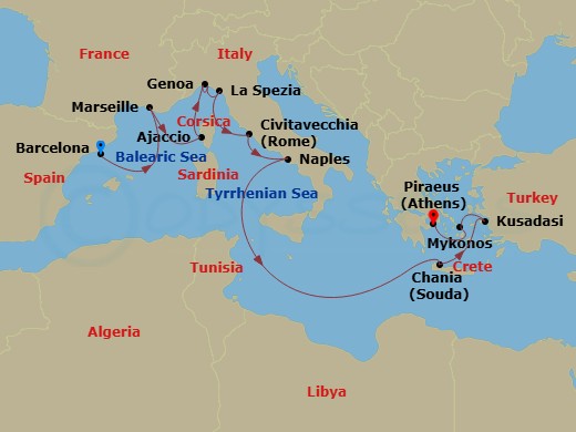 Sun Princess - 14 Night - Mediterranean with Greece, Italy & Turkey - Sun Princess - Starting in Barcelona, Spain, Marseille (Provence), France, Corsica (Ajaccio), France, G.. itinerary map