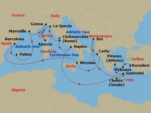 Sun Princess - 21 Night - The Best of the Mediterranean - Sun Princess - Starting in Civitavecchia (for Rome), Italy, Naples, Italy (for Capri and Pompeii), Crete (Chania),.. itinerary map