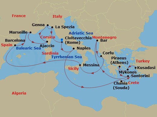Sun Princess - 21 Night - The Best of the Mediterranean - Sun Princess - Starting in Civitavecchia (for Rome), Italy, Naples, Italy (for Capri and Pompeii), Crete (Chania),.. itinerary map