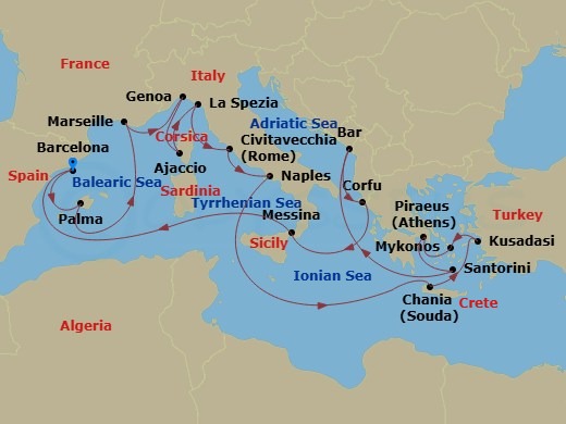 Sun Princess - 21 Night - The Best of the Mediterranean - Sun Princess - Starting in Barcelona, Spain, Mallorca (Palma), Spain, Marseille (Provence), France, Genoa (for Cinq.. itinerary map