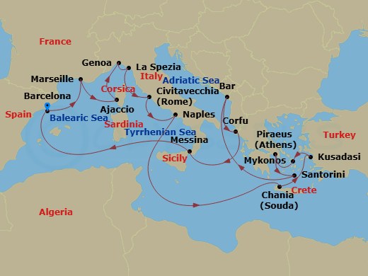 Sun Princess - 21 Night - The Best of the Mediterranean - Sun Princess - Starting in Barcelona, Spain, Marseille (Provence), France, Corsica (Ajaccio), France, Genoa (for Ci.. itinerary map
