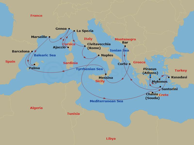 Sun Princess - 21 Night - The Best of the Mediterranean - Sun Princess - Starting in Athens (Piraeus), Greece, Santorini, Greece, Montenegro, Corfu, Greece, Sicily (Messina).. itinerary map