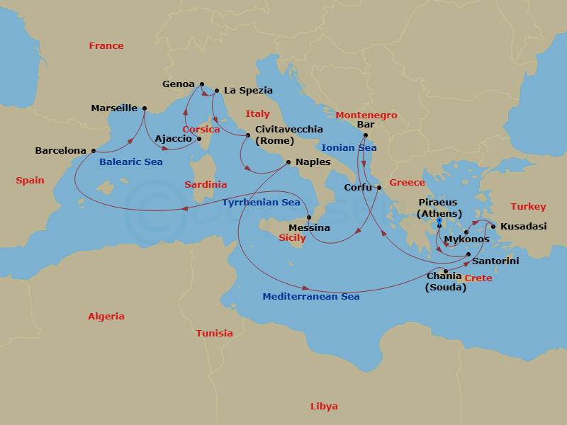 Sun Princess - 21 Night - The Best of the Mediterranean - Sun Princess - Starting in Athens (Piraeus), Greece, Santorini, Greece, Montenegro, Corfu, Greece, Sicily (Messina).. itinerary map