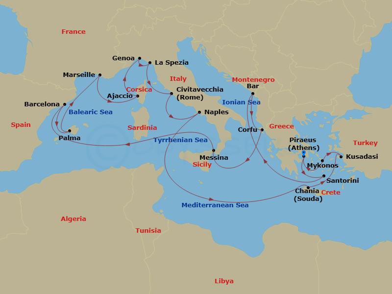 Sun Princess - 21 Night - The Best of the Mediterranean - Sun Princess - Starting in Athens (Piraeus), Greece, Santorini, Greece, Montenegro, Corfu, Greece, Sicily (Messina).. itinerary map