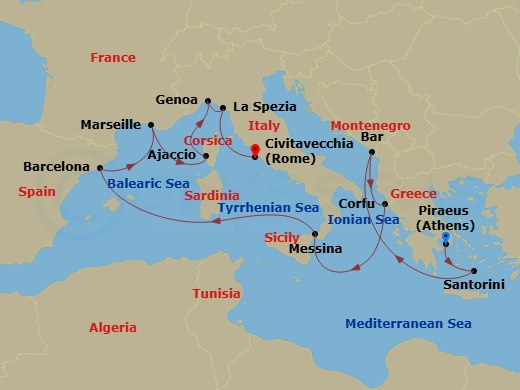 Sun Princess - 14 Night - Western Mediterranean with Greece & Italy - Sun Princess - Starting in Athens (Piraeus), Greece, Santorini, Greece, Montenegro, Corfu, Greece, Sici.. itinerary map