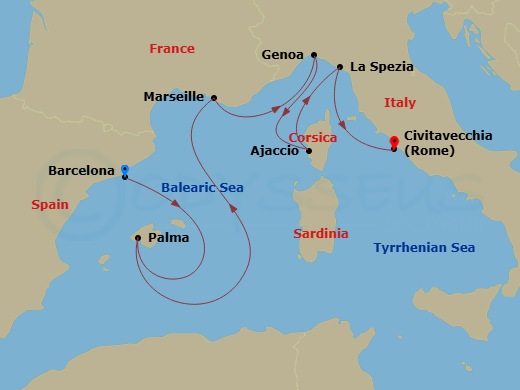Sun Princess - 7 Night - Western Mediterranean with Italy - Sun Princess - Starting in Barcelona, Spain, Mallorca (Palma), Spain, Marseille (Provence), France, Genoa (for Ci.. itinerary map