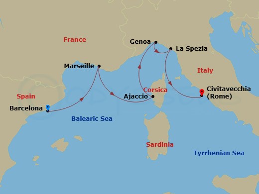 Sun Princess - 7 Night - Western Mediterranean with Italy - Sun Princess - Starting in Barcelona, Spain, Marseille (Provence), France, Corsica (Ajaccio), France, Genoa (for.. itinerary map