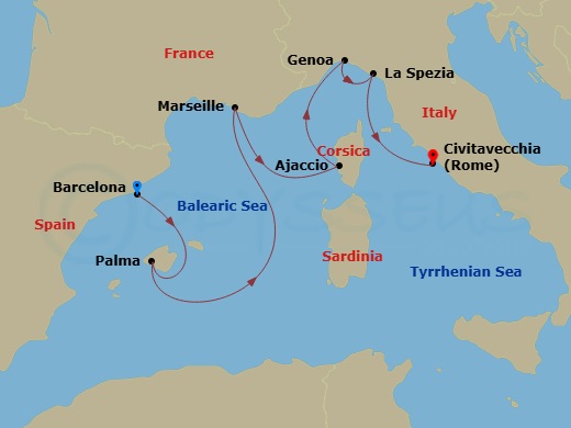 Sun Princess - 7 Night - Western Mediterranean with Italy - Sun Princess - Starting in Barcelona, Spain, Mallorca (Palma), Spain, Marseille (Provence), France, Corsica (Ajac.. itinerary map