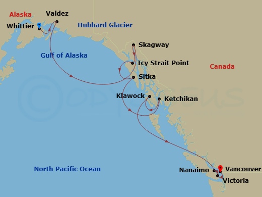 Azamara Pursuit - 11 Night - Alaska Cruise : Hubbard Glacier, Icy Strait & Ketchikan - Azamara Pursuit - Starting in Whittier, Alaska, Valdez, Alaska, Cruise Hubbard Glacier, S.. itinerary map