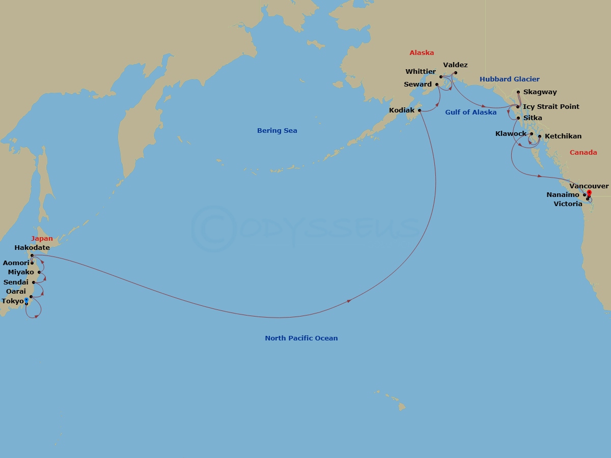 Azamara Pursuit - 25 Night - Japan & Alaska Transpacific Cruise : Tokyo, Kodiak & Victoria - Azamara Pursuit - Starting in Tokyo, Oarai, Sendai, Miyagi, Miyako, Iwate, Aomori,.. itinerary map