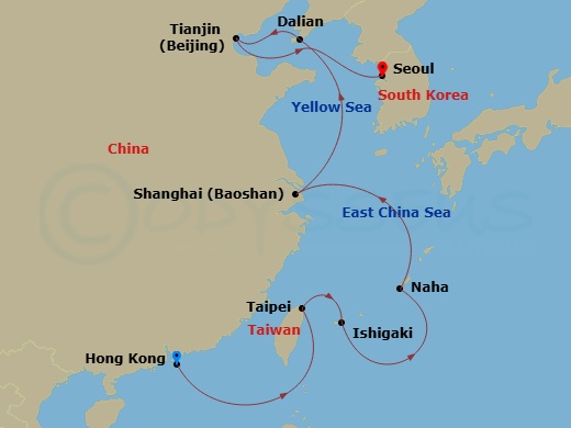 Azamara Quest - 14 Night - East Asia Cruise : Hong Kong, Shanghai & Beijing - Azamara Quest - Starting in Hong Kong, Taipei (Keelung), Ishigaki, Naha, Okinawa, Shanghai, Dali.. itinerary map
