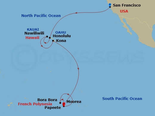 Azamara Quest - 18 Night - Pacific Islands Cruise : Oahu, Kauai & Bora Bora - Azamara Quest - Starting in San Francisco, California, Honolulu, Oahu, Hawaii, Nawiliwili, Kauai.. itinerary map