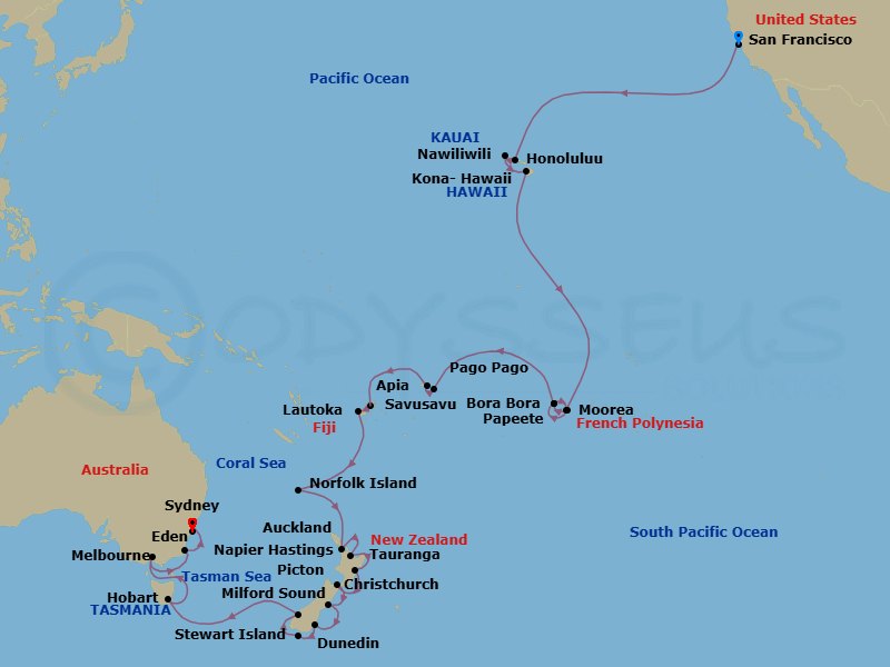 48 Night - San Francisco to Sydney Grand Voyage - Azamara Quest - Starting in San Francisco, California, Honolulu, Oahu, Hawaii, Nawiliwili, Kauai, Hawaii, Kailua-kona, Hawaii, Moorea, Bora Bora, Papeete, Tahiti, Bora Bora, Pago Pago, Cross International Dateline West, Apia, Savusavu, Lautoka, Norfolk Island, Auckland, Tauranga, Napier, Picton, Christchurch, Dunedin, Stewart Island, Milford Sound, Hobart, Tasmania, Melbourne, Eden, Sydney AU itinerary map