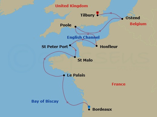 11 Night - Wonders of Europe : Bordeaux to London - Scenic Eclipse II - Starting in Bordeaux, France, Le Palais, Belle-Ile Island, France, St Malo, France, St Peter Port, Guernsey, Honfleur, France, Poole, UK, Ostend, Belgium, London (Tilbury), United Kingdom, London (Tilbury), UK itinerary map