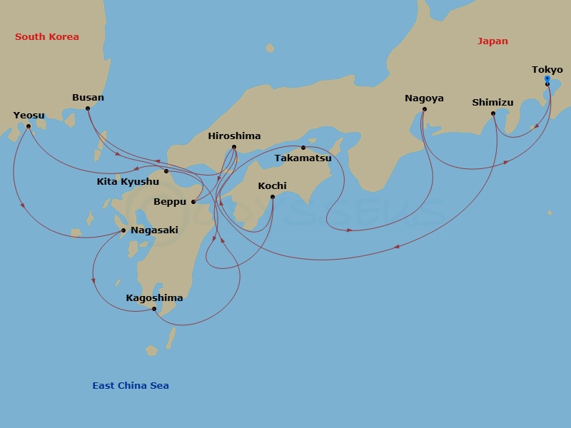 Azamara Pursuit - 18 Night - Japan Intensive : Tokyo, Kobe, Hiroshima & Takamatsu - Azamara Pursuit - Starting in Tokyo, Mount Fuji (Shimizu), Hiroshima, Beppu, Busan, Kitakyus.. itinerary map
