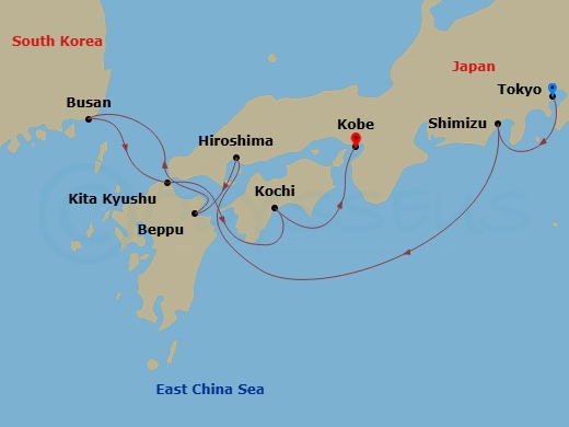Azamara Pursuit - 9 Night - Japan Intensive : Tokyo, Hiroshima & Kobe - Azamara Pursuit - Starting in Tokyo, Mount Fuji (Shimizu), Hiroshima, Beppu, Busan, Kitakyushu, Kochi, K.. itinerary map