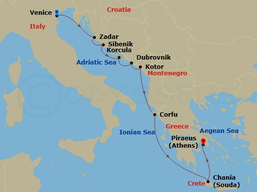 Azamara Quest - 9 Night - Croatia & Montenegro Cruise : Zadar, Dubrovnik & Kotor - Azamara Quest - Starting in Venice (Fusina), Zadar, Sibenik, Korcula, Dubrovnik, Croatia, K.. itinerary map