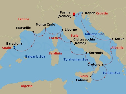 Azamara Quest - 11 Night - Best of the Mediterranean Cruise : Monte Carlo, Rome & Sorrento - Azamara Quest - Starting in Barcelona, Provence (Marseille), Monte Carlo, Florenc.. itinerary map