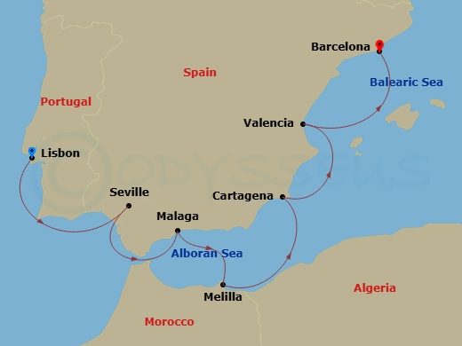 Azamara Quest - 9 Night - Spain Intensive Cruise : Seville, Malaga & Valencia - Azamara Quest - Starting in Lisbon, Seville, Malaga, Melilla, Cartagena ES, Valencia, Barcelona itinerary map
