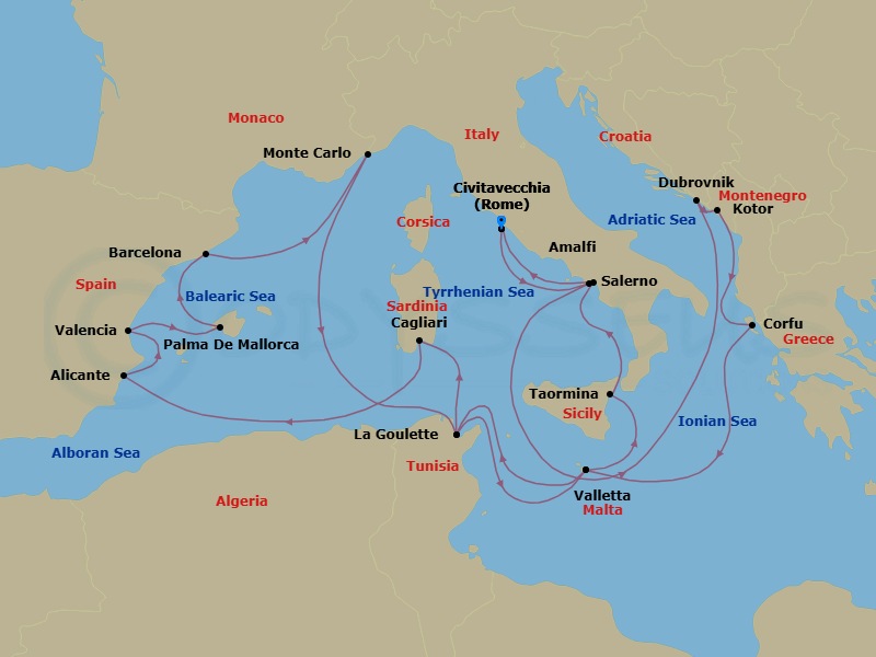 23 Night - Europe & Mediterranean - Crystal Symphony - Starting in Civitavecchia (Rome), Amalfi, Dubrovnik, Croatia, Kotor, Corfu, Valletta, Tunis (La Goulette), Cagliari (Sardinia), Alicante, Valencia, Palma De Mallorca, Barcelona, Monte Carlo, Tunis (La Goulette), Valletta, Giardini Naxos (Taormina, Sicily), Salerno, Civitavecchia (Rome) itinerary map