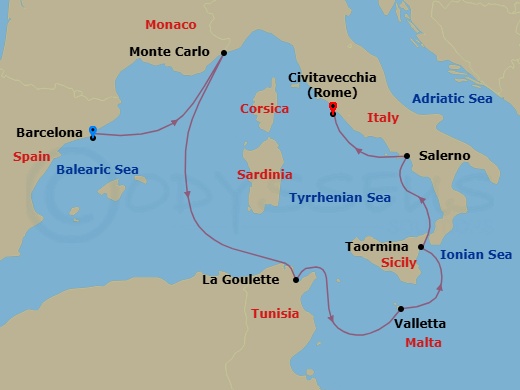 9 Night - Europe & Mediterranean - Crystal Symphony - Starting in Barcelona, Monte Carlo, Tunis (La Goulette), Valletta, Giardini Naxos (Taormina, Sicily), Salerno, Civitavecchia (Rome) itinerary map