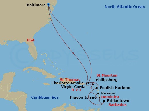 Carnival Pride - 14 Night - Journeys - Southern Caribbean - Carnival Pride - Starting in Baltimore, MD, St Thomas, US Virgin Islands, St Maarten, Dominica, St Lucia, Barbados,.. itinerary map