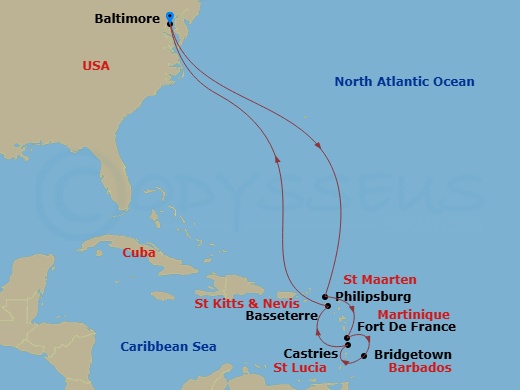 Carnival Pride - 12 Night - Journeys - Southern Caribbean - Carnival Pride - Starting in Baltimore, MD, St Maarten, Martinique, Barbados, St Lucia, St Kitts, Baltimore, MD itinerary map