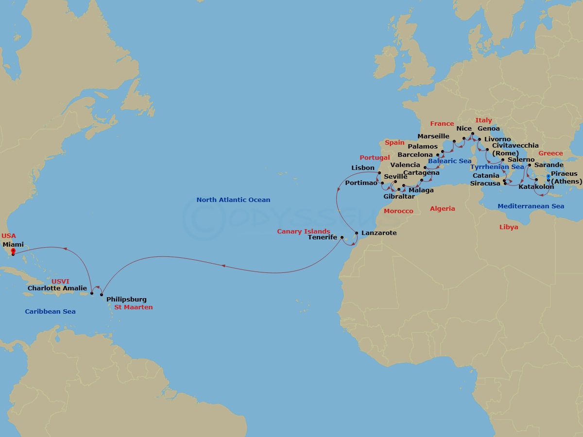 Azamara Quest - 38 Night - Athens to Miami Grand Voyage - Azamara Quest - Starting in Athens (Piraeus), Olympia (Katakolon), Sarande, Siracusa, Sicily, Catania, (Sicily), Sal.. itinerary map