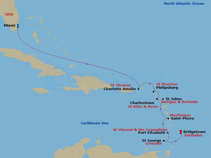 Azamara Journey - 11 Night - Eastern Caribbean : St.Kitts, Antigua & Martinique - Azamara Journey - Starting in Miami, Florida, St John VI, US Virgin Islands, Charlotte Amalie,.. itinerary map