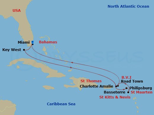 Azamara Quest - 10 Night - Eastern Caribbean Cruise : St. Thomas, Saint Kitts & Nevis - Azamara Quest - Starting in Miami, Florida, Key West, Florida, Charlotte Amalie, St Th.. itinerary map