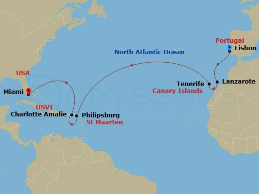 Azamara Quest - 15 Night - Transatlantic Cruise : Lisbon to Miami - Azamara Quest - Starting in Lisbon, Lanzarote, Canary Islands, Tenerife, Canary Islands, Philipsburg, Char.. itinerary map