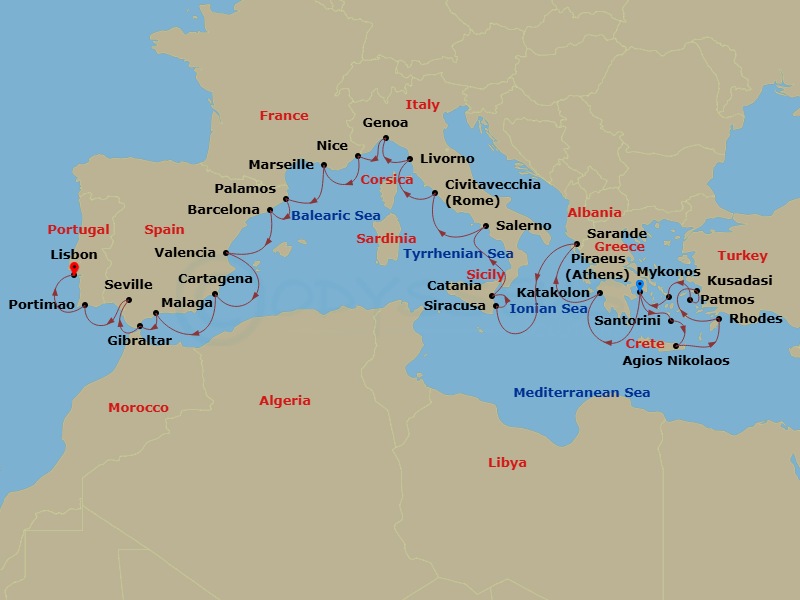 Azamara Quest - 30 Night - Mediterranean Cruise : Greece, Italy & Spain - Azamara Quest - Starting in Athens (Piraeus), Santorini, Agios Nikolaos, (Crete), Rhodes, Ephesus (K.. itinerary map