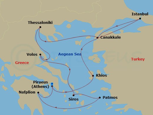 Azamara Quest - 11 Night - Greece & Turkey Cruise : Athens, Istanbul & Syros - Azamara Quest - Starting in Athens (Piraeus), Chios, Istanbul, Canakkale (Kepez), Thessaloniki,.. itinerary map