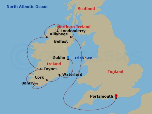 Azamara Quest - 12 Night - Ireland Intensive Cruise : Waterford, Foynes & Belfast - Azamara Quest - Starting in Dublin, Waterford, Cobh, Bantry Harbour, Foynes, Donegal (Kill.. itinerary map
