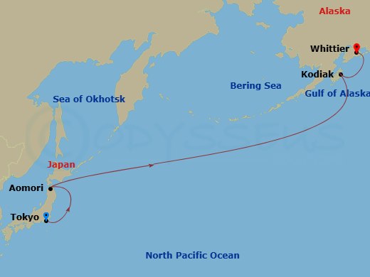 Azamara Pursuit - 12 Night - Japan & Alaska Cruise : Tokyo, Kodiak & Whittier - Azamara Pursuit - Starting in Tokyo, Aomori, Cross International Dateline West, Kodiak, Alaska,.. itinerary map