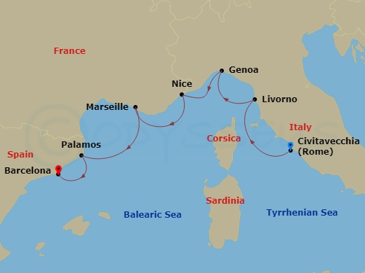 Azamara Quest - 7 Night - Best of the Mediterranean Cruise : Florence, Genoa & Marseille - Azamara Quest - Starting in Rome (Civitavecchia), Florence / Pisa (Livorno), Genoa,.. itinerary map