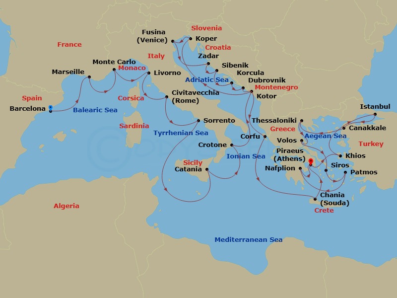 Azamara Quest - 31 Night - Mediterranean Cruise : Italy, Croatia & Greece - Azamara Quest - Starting in Barcelona, Provence (Marseille), Monte Carlo, Florence / Pisa (Livorno.. itinerary map