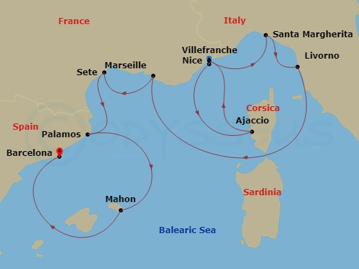 Azamara Quest - 11 Night - Best of the Mediterranean Cruise : Villefranche, Florence & Palamos - Azamara Quest - Starting in Nice, Ajaccio, Corsica, Villefranche, Portofino (.. itinerary map