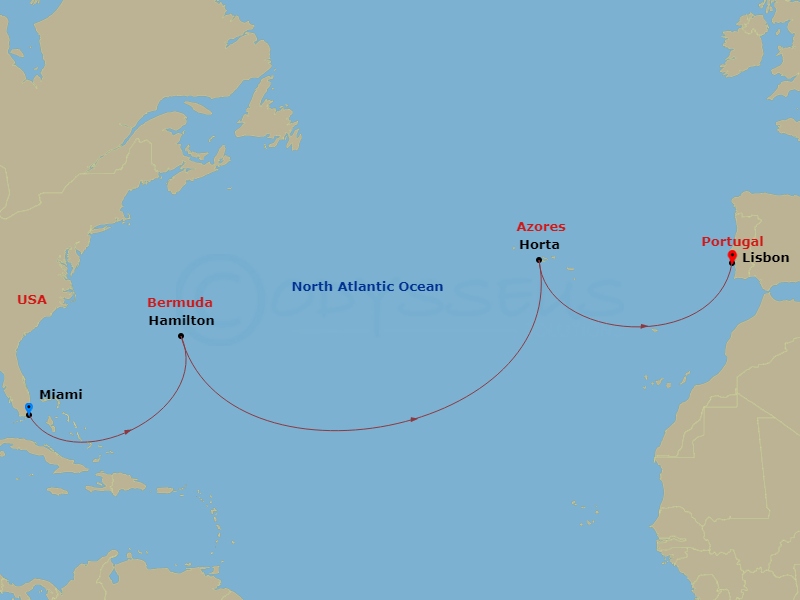 Azamara Quest - 12 Night - Transatlantic Cruise : Miami to Lisbon - Azamara Quest - Starting in Miami, Florida, Hamilton, Horta, Azores, Lisbon itinerary map