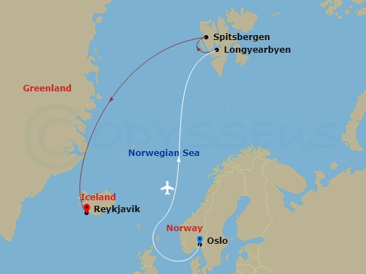 National Geographic Endurance Cruise Tours - 15 Night - Svalbard, Iceland and Greenland's East Coast - National Geographic Endurance Cruise Tours - Starting in Oslo, Norway, Oslo / Longyearbyen / Embark.. itinerary map