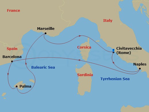 RCL Legend of the Seas - 7 Night - Western Mediterranean - RCL Legend of the Seas - Starting in Rome (Civitavecchia), Italy, Naples, Italy, Barcelona, Spain, Palma De Mallorca, Spain,.. itinerary map