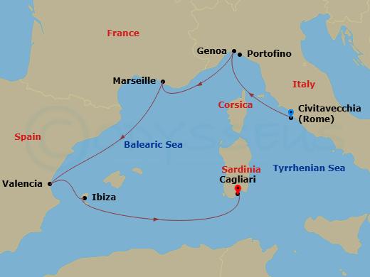 MSC Musica - 6 Night - Mediterranean - MSC Musica - Starting in Civitavecchia (Rome), Italy, Genoa (Portofino), Italy, Marseille (Provence), France, Valencia, Spain, Ibiza.. itinerary map
