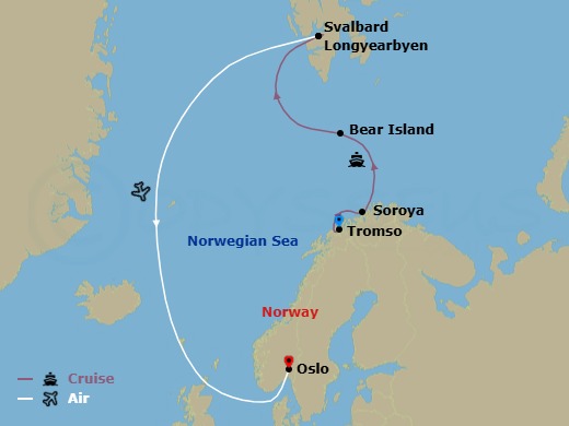 11 Night - Norwegian Discovery : Svalbard and the Northern Fjords - National Geographic Endurance Tours - Starting in Tromso, Norway / Embark Ship, Soroya and Senja Islands, Bear Island, Svalbard, Longyearbyen / Disembark Ship / Oslo, Oslo / Home itinerary map