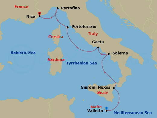 6 Night - Valletta to Nice - Silver Shadow - Starting in Valletta, Giardini Naxos (Sicily), Salerno, Gaeta, Portoferraio (Elba), Portofino, Nice itinerary map