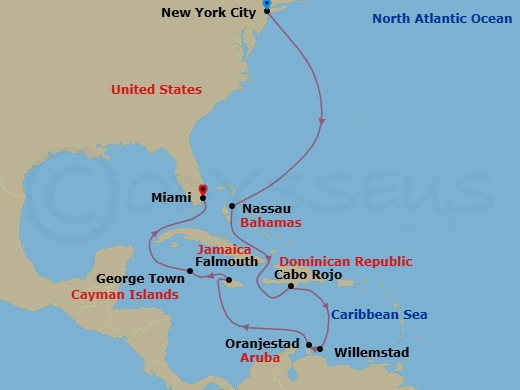 14 Night - Sun-Kissed Soiree - Seven Seas Grandeur - Starting in New York, Cruising the Atlantic Ocean, Nassau, Cruising the Bahamian Waters, Cruising the Atlantic Ocean, Cabo Rojo, Cruising the Caribbean Sea, Willemstad AN, Oranjestad, Cruising the Caribbean Sea, Falmouth, George Town, Cruising the Florida Straits, Miami itinerary map