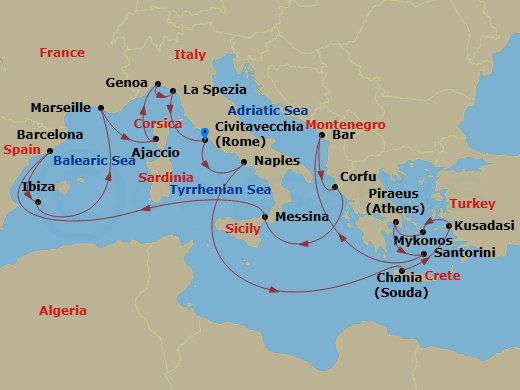 Sun Princess - 21 Night - The Best of the Mediterranean - Sun Princess - Starting in Civitavecchia (for Rome), Italy, Naples, Italy (for Capri and Pompeii), Crete (Chania),.. itinerary map